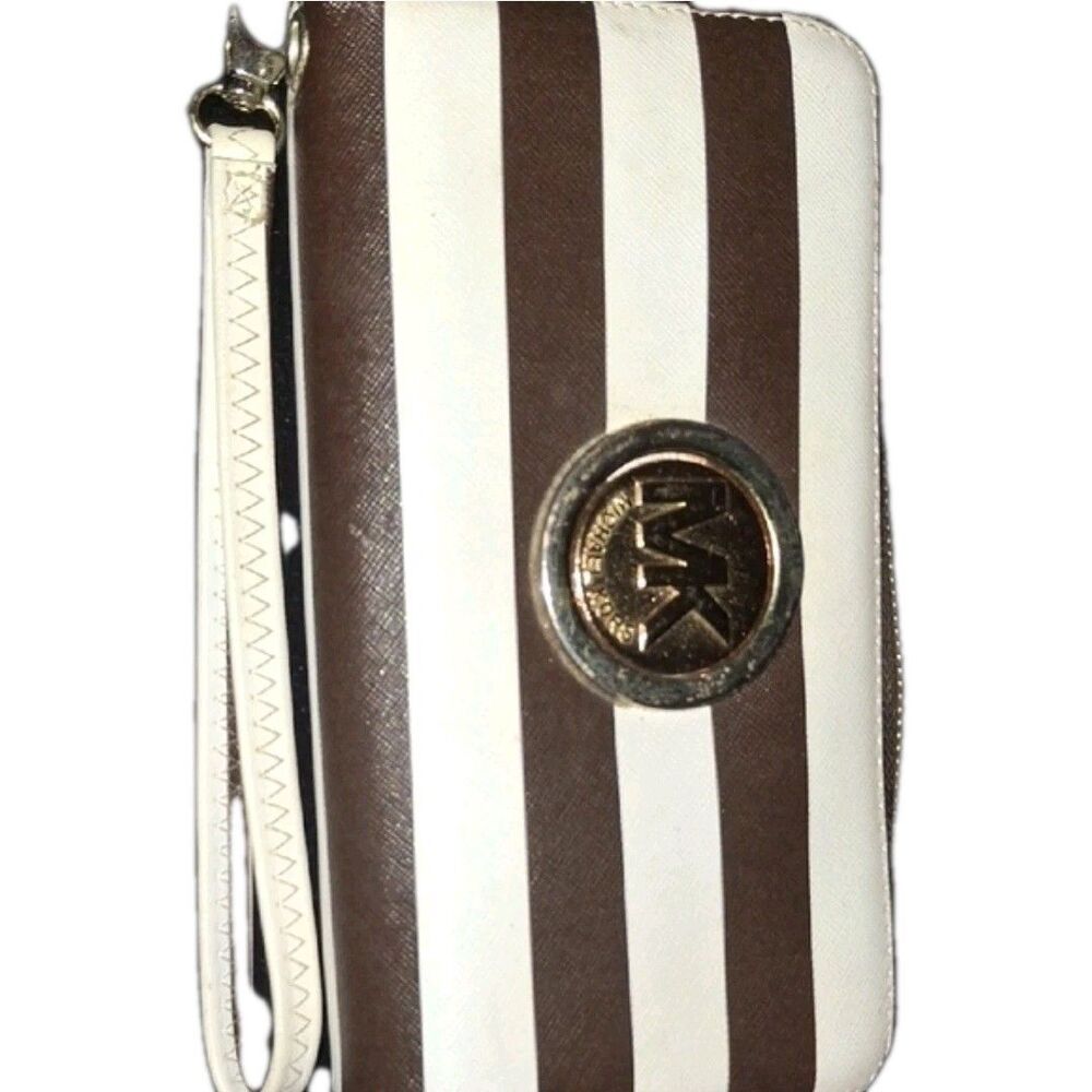 Michael Kors Jet Set Large Continental Wristlet  Stripe MK Chocolate /White